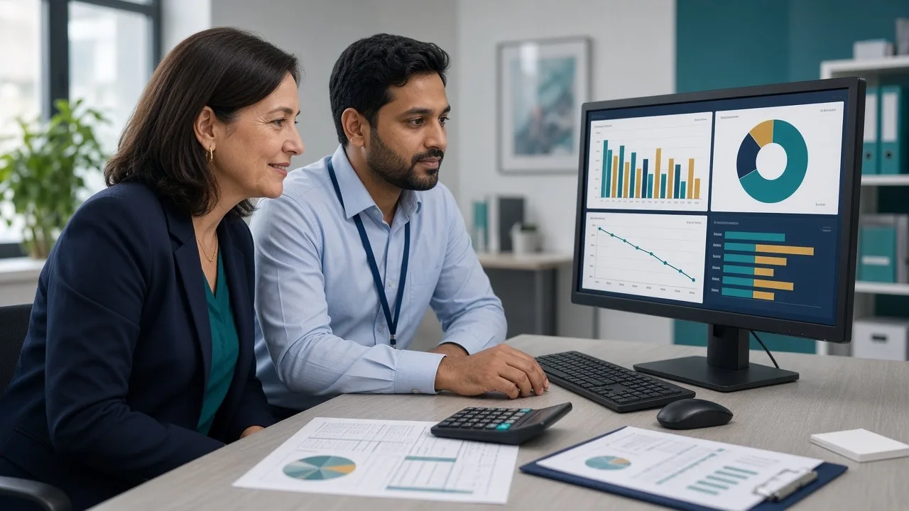 Practice administrator reviewing cost to collect KPIs and revenue cycle charts on a medical billing workstation
