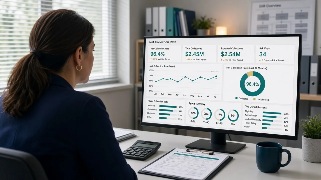 Medical billing analyst reviewing net collection rate KPIs and revenue cycle dashboards on a computer monitor