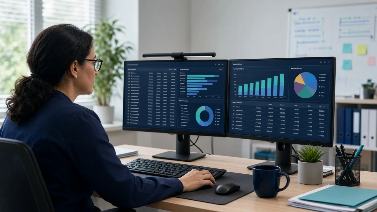 Medical billing specialist working aged accounts receivable claims and follow-up workqueues on dual monitors