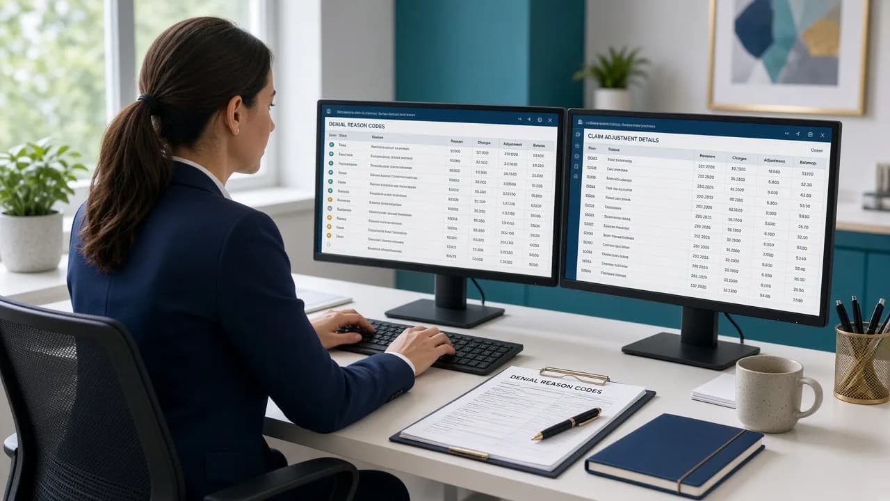 Medical billing specialist reviewing CARC denial reason codes on an ERA remittance dashboard