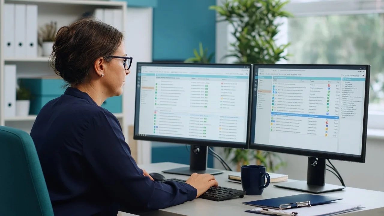 Medical billing specialist scrubbing claims for errors before submission on dual monitors