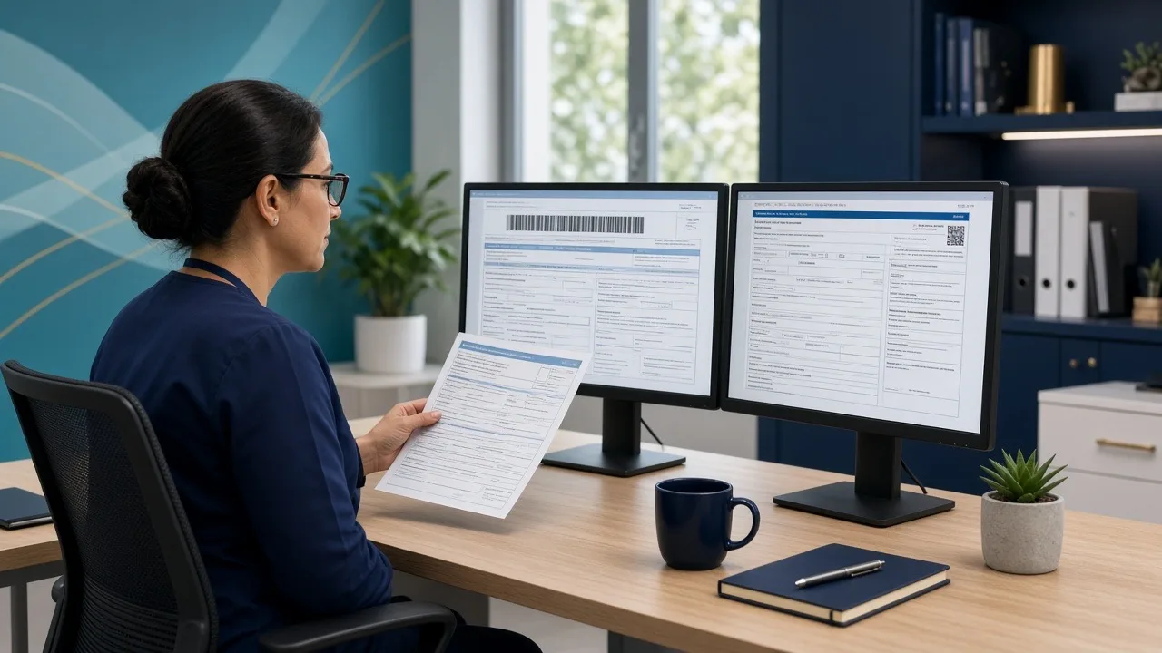 Medical billing specialist comparing CMS-1500 professional and UB-04 institutional claim forms on dual monitors
