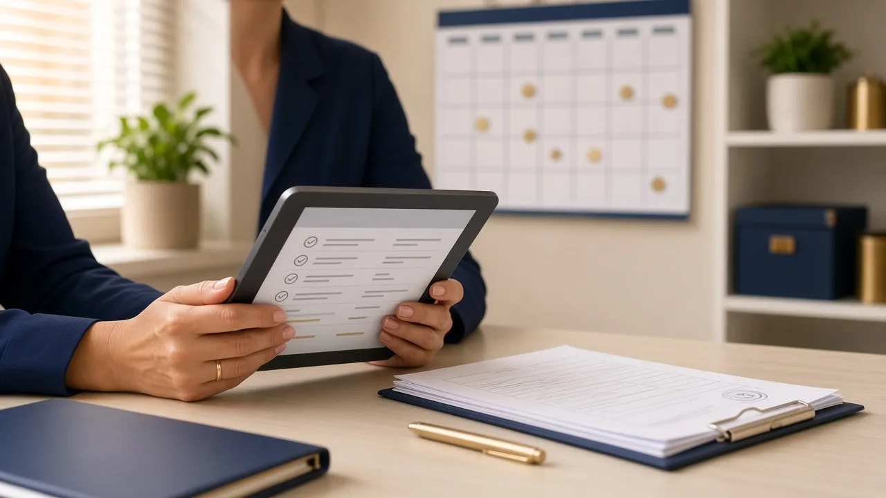 Medical billing specialist reviewing a prior authorization packet and calendar in a modern practice office