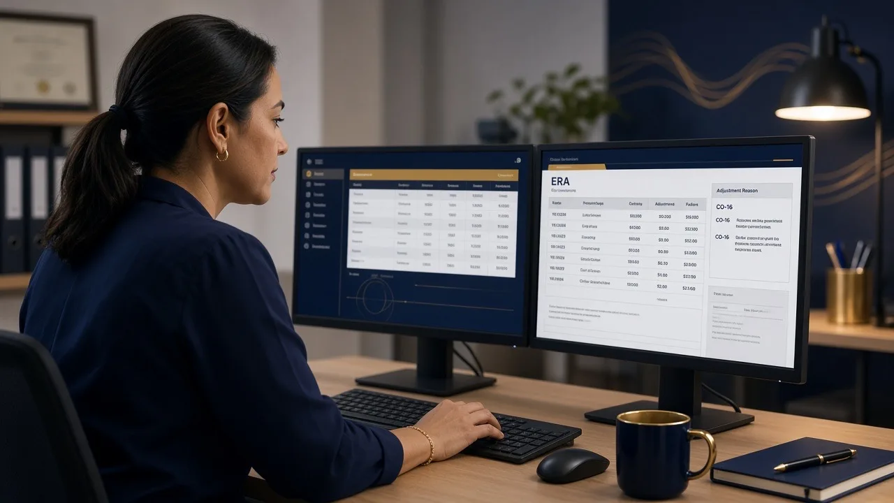 Medical billing specialist reviewing a CO-16 denial code on dual monitors in a modern RCM office