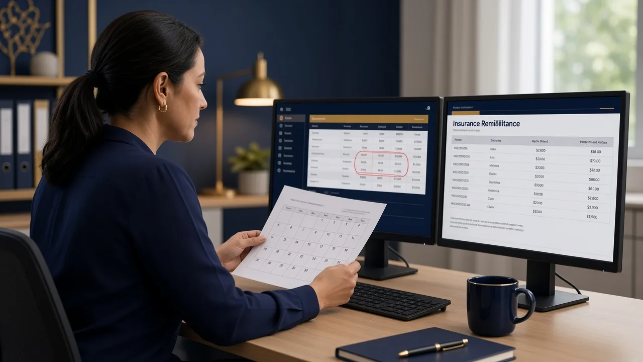 Billing specialist reviewing a remittance and filing deadline calendar in a medical office