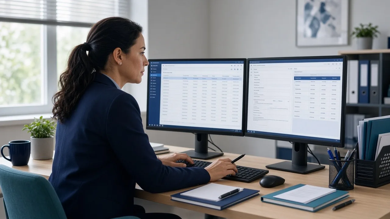 Medical billing specialist comparing possible duplicate claim submissions on dual monitors