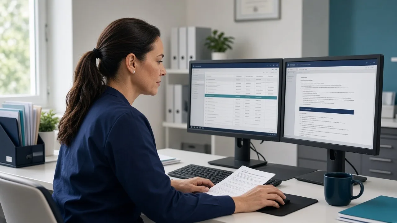 Medical coder reviewing evaluation and management visit-level documentation on dual monitors