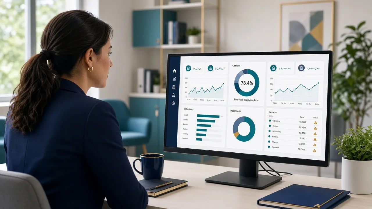 Revenue cycle analyst reviewing first-pass resolution rate KPIs on a medical billing dashboard