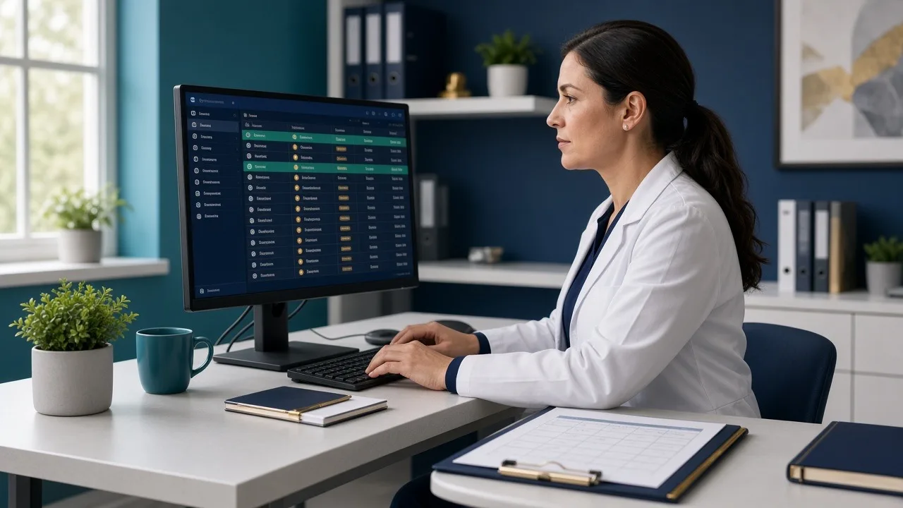 Surgical billing specialist reviewing global surgical package periods and postoperative modifiers on a workstation