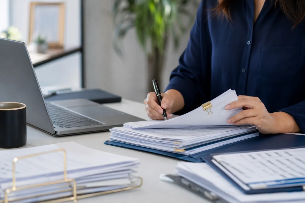 Medical billing specialist preparing a denied claim appeal package with clinical documentation