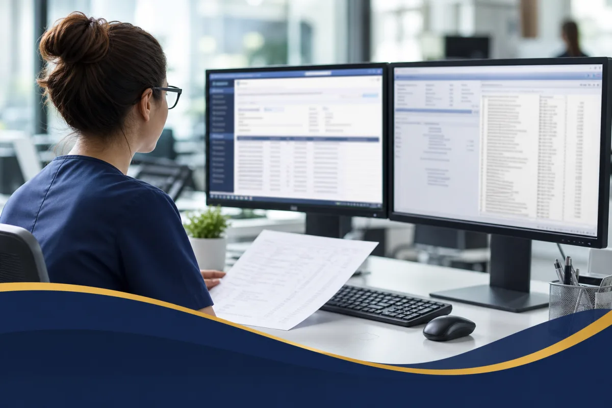 Medical coder reviewing clinical documentation and CPT coding on a billing workstation
