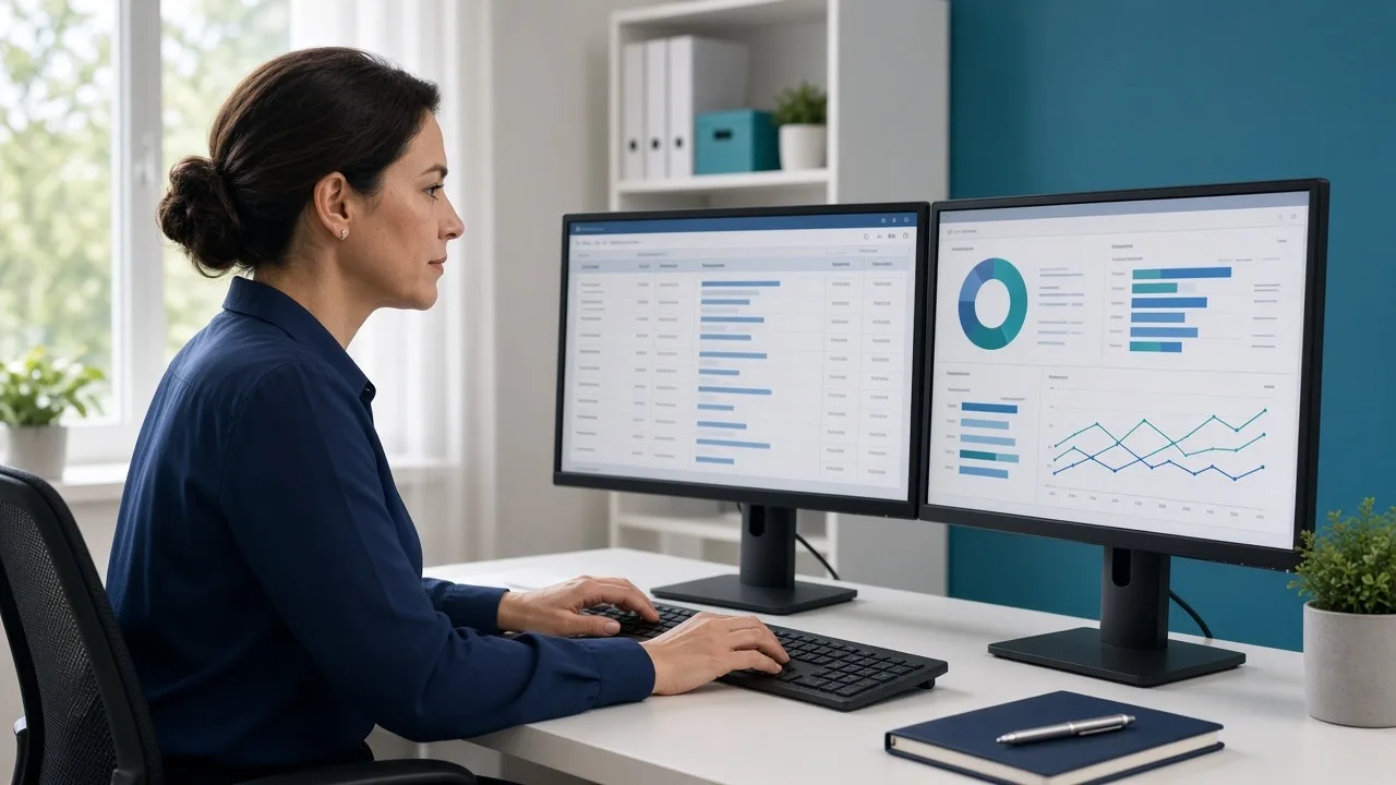 Medical billing specialist reviewing write-off and adjustment reports on dual monitors in an RCM office