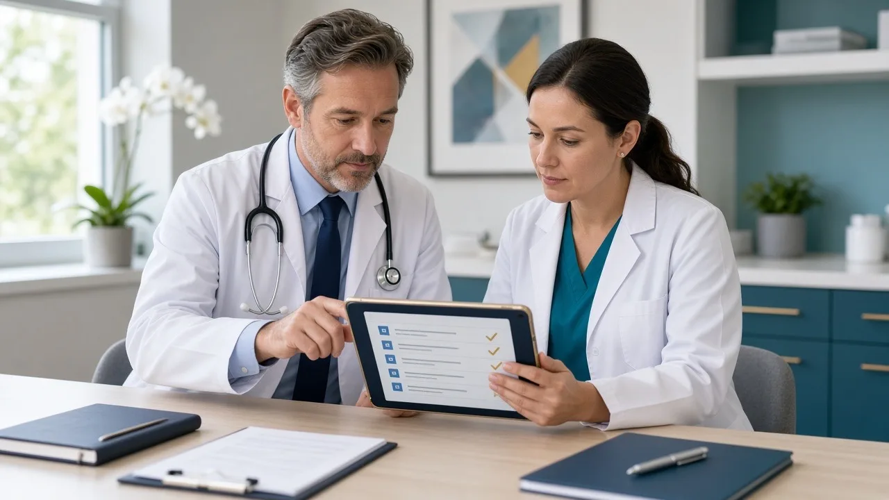 Physician and nurse practitioner reviewing incident-to billing compliance documentation in a modern outpatient clinic