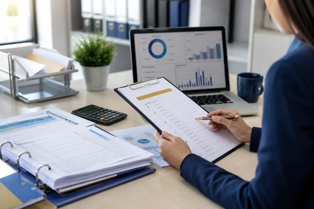 Healthcare practice manager reviewing a medical billing audit checklist and compliance documents