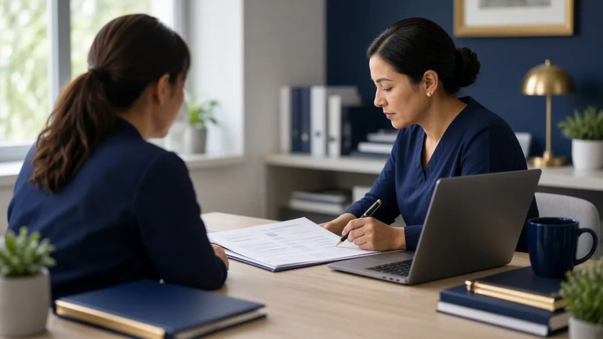 Clinician and medical billing specialist reviewing clinical documentation for medical necessity support