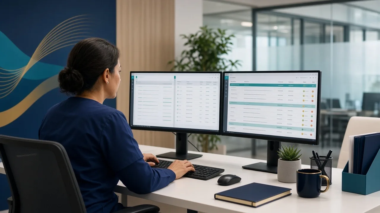 Medical coder reviewing modifier 25 versus modifier 59 rules on dual billing monitors