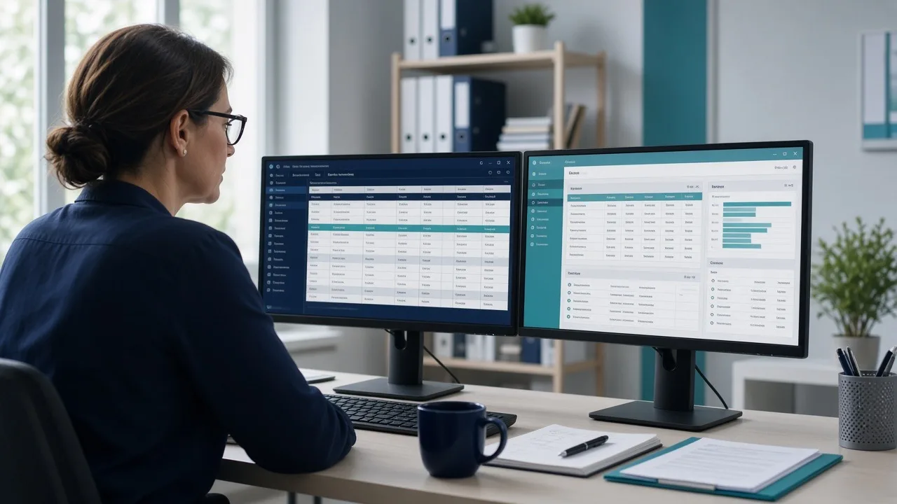 Medical coder reviewing NCCI edit and procedure code pair risks on dual monitors in a billing office