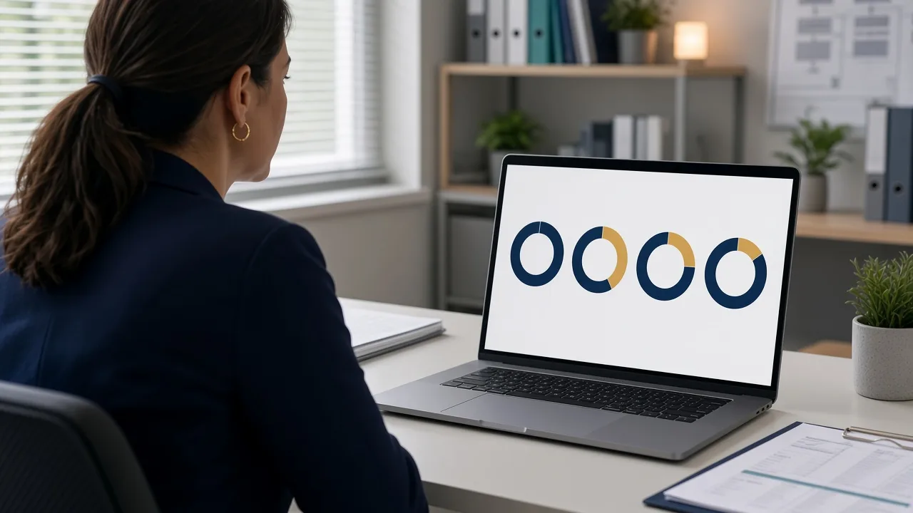 Practice owner reviewing four medical billing KPI gauges on a laptop in a clinic office