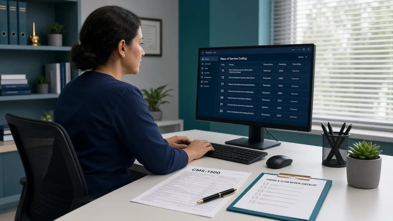 Medical billing specialist reviewing place of service codes on a CMS-1500 claim and billing workstation