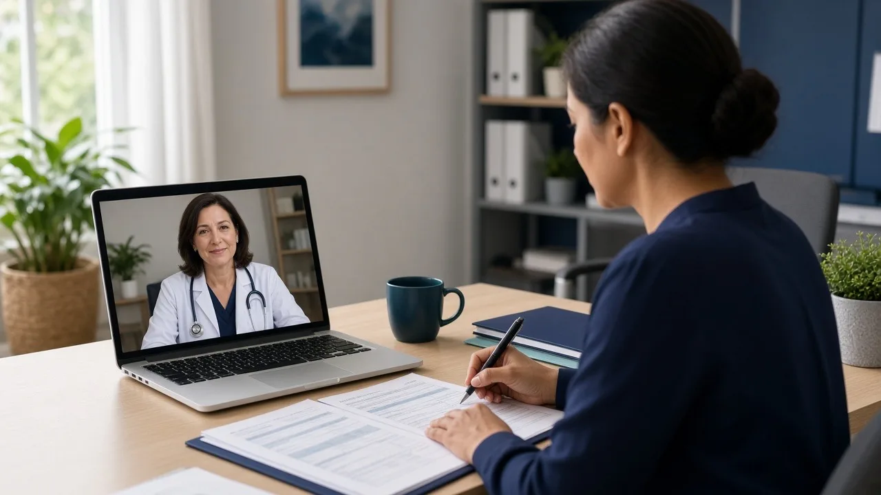Clinician on a telehealth visit while a medical billing specialist reviews virtual claim coding details