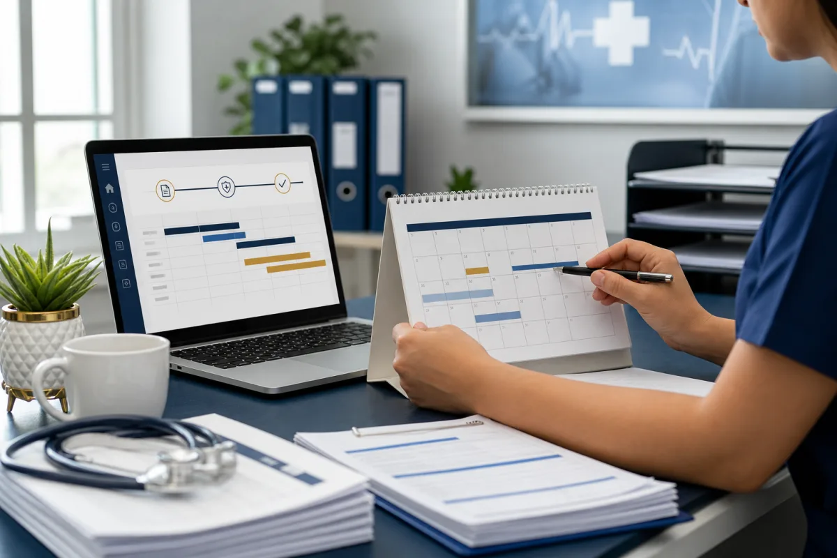 Medical billing specialist reviewing claim filing deadlines and submission timeline on a calendar