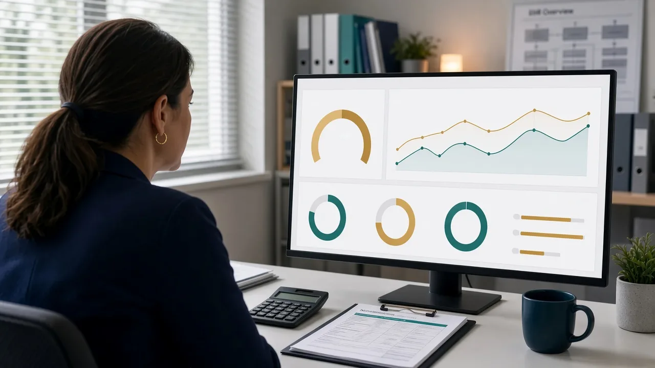 Practice manager reviewing revenue cycle KPI gauges on a computer in a modern medical office