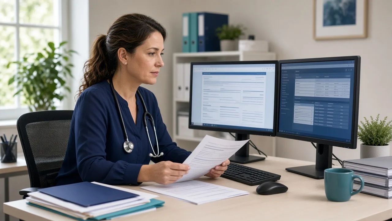 Medical billing specialist reviewing workers’ compensation injury claim details on dual monitors